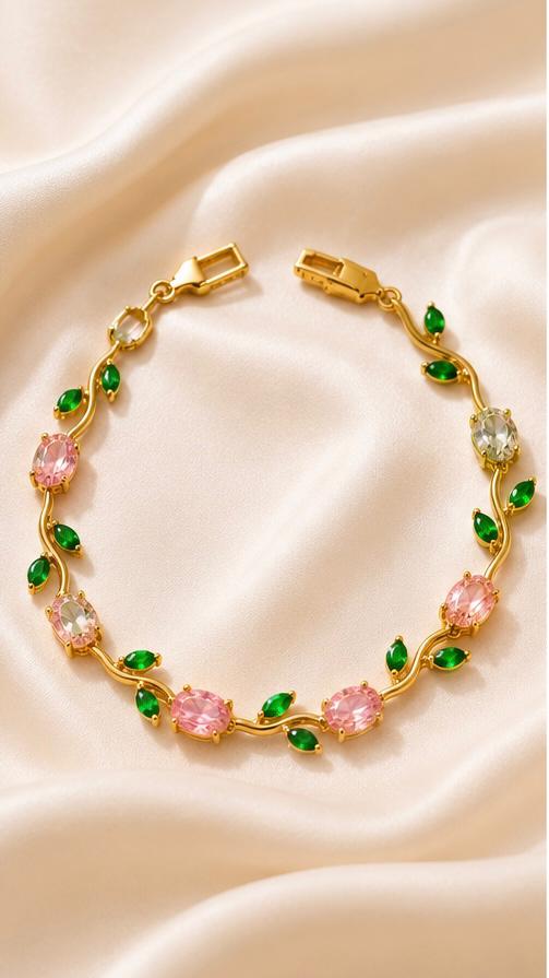 Tulip Crystal Vine Bracelet – Pink & Green