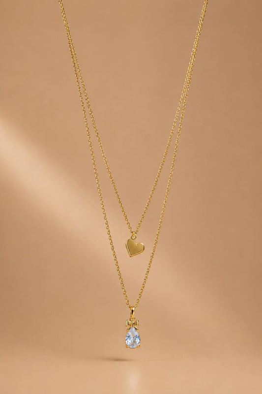 Golden Love & Crystal Drop Layered Necklace