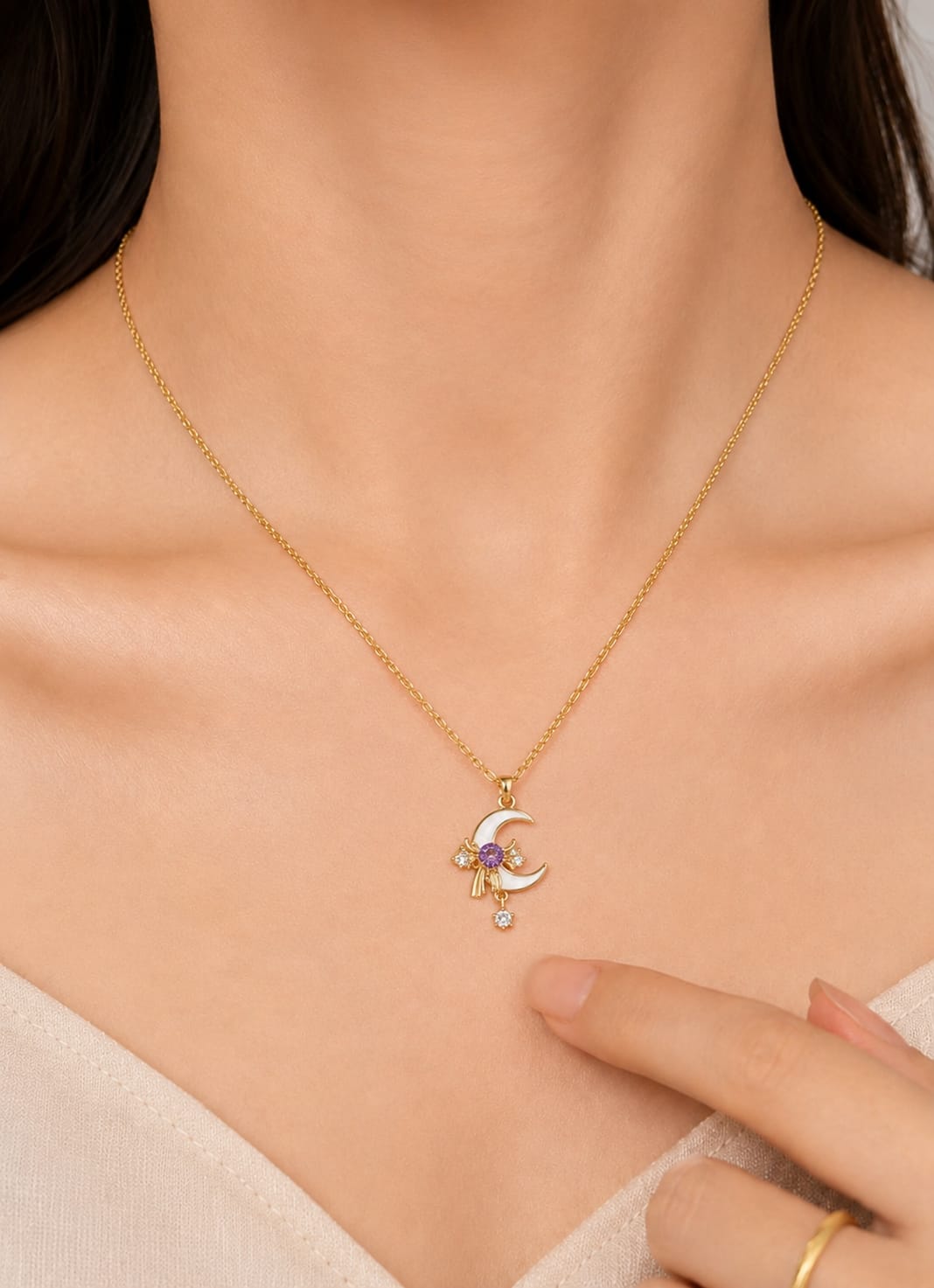 Celestial Crescent Purple Pendant Necklace