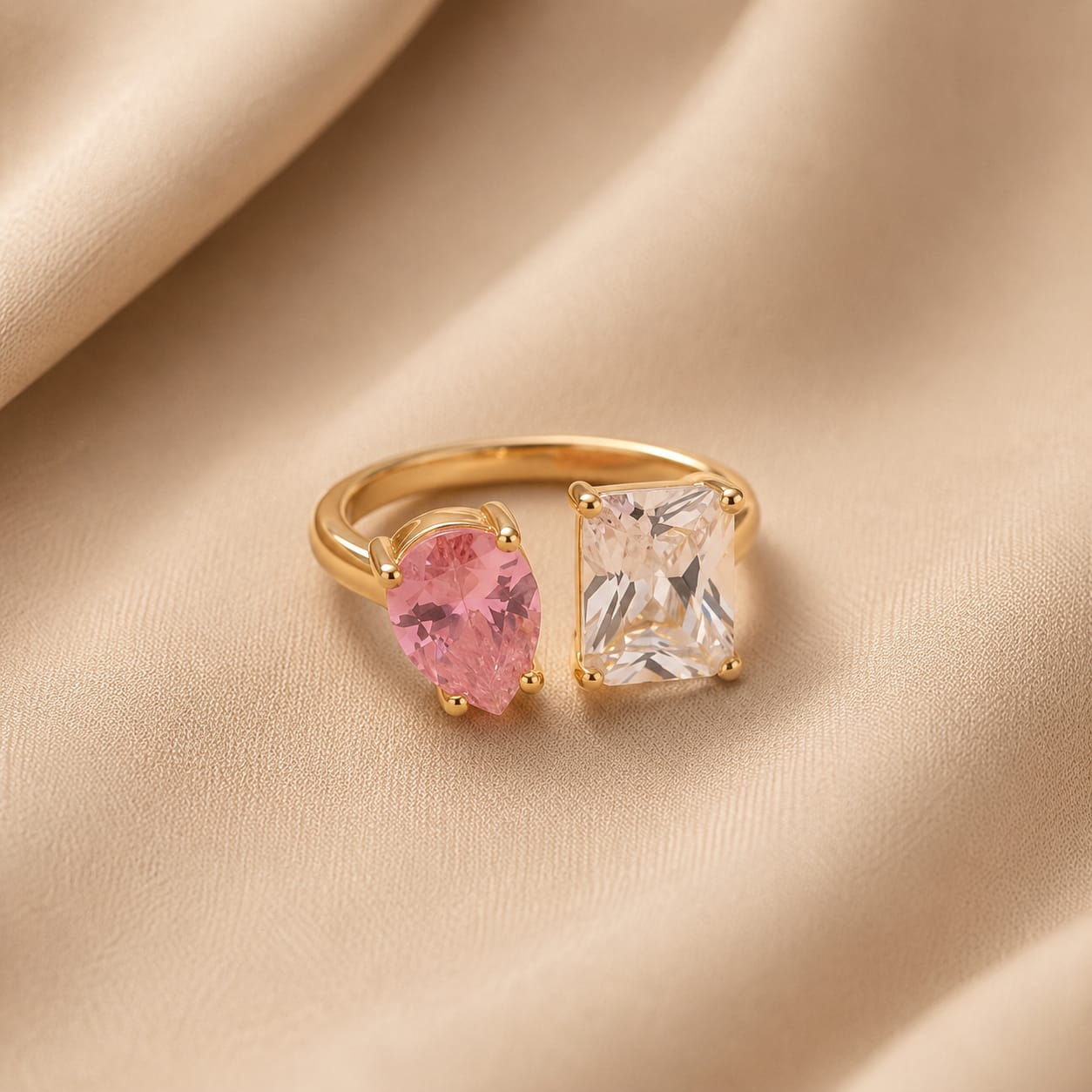 Pink & Crystal Dual-Stone Golden Ring