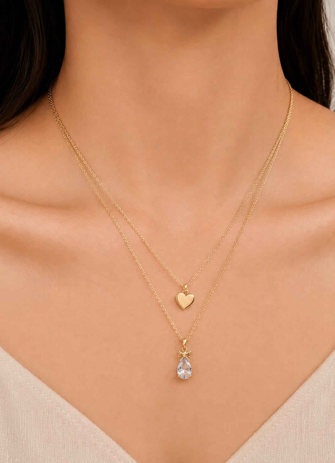 Golden Love & Crystal Drop Layered Necklace