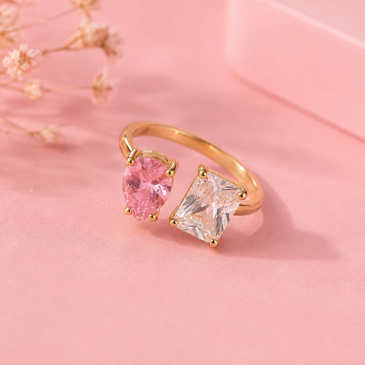 Pink & Crystal Dual-Stone Golden Ring
