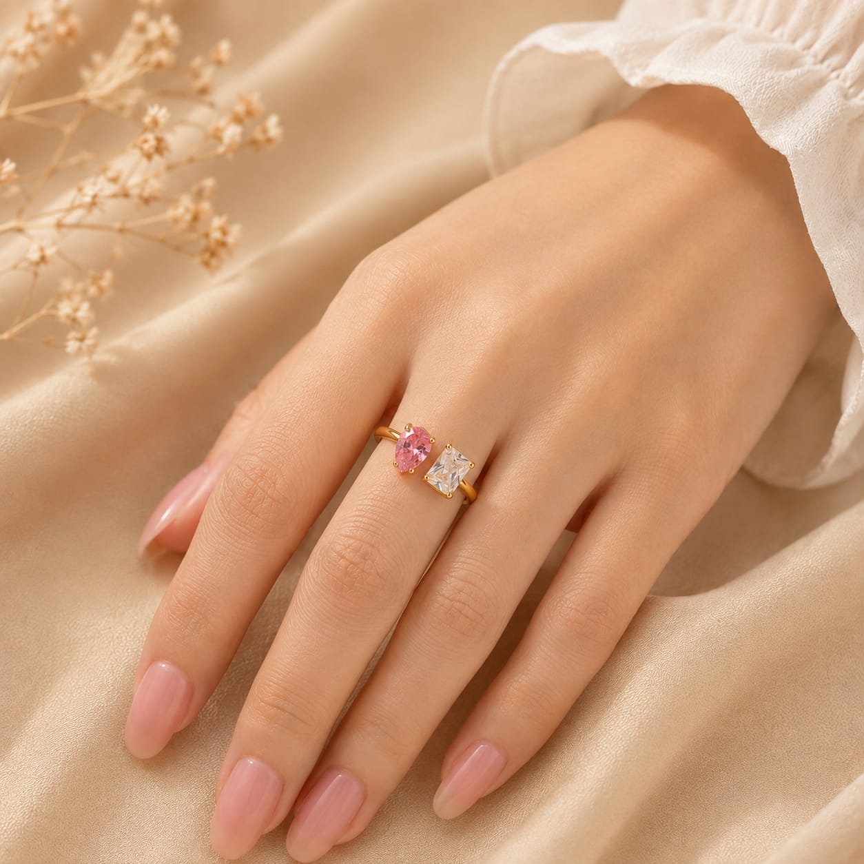 Pink & Crystal Dual-Stone Golden Ring